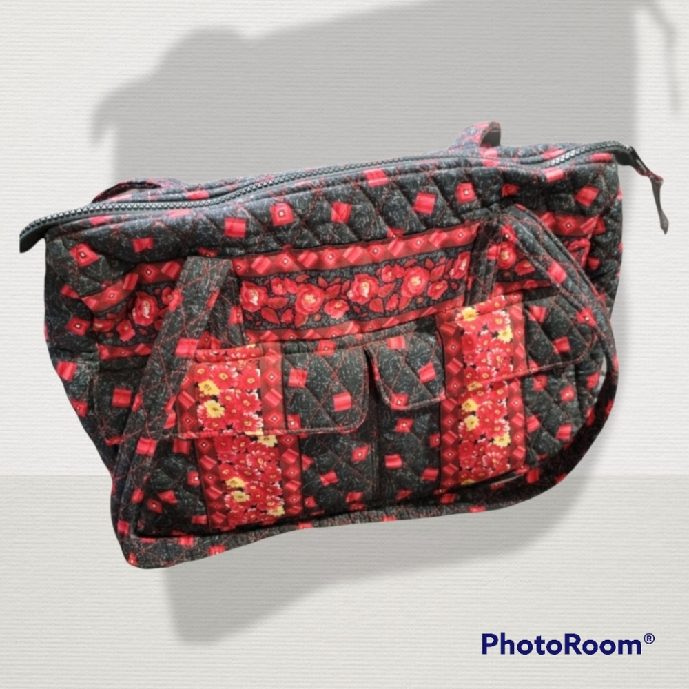 Elizabeth Austin red, black, and yellow quilted tote bag